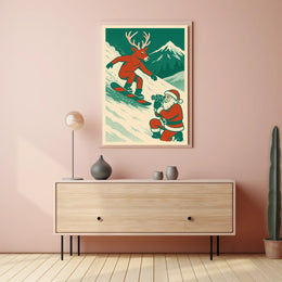 Whimsical Reindeer Snowboarding Vintage Holiday Poster