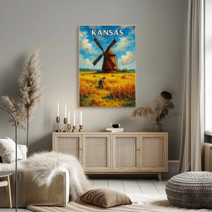 Kansas Windmill Wheat Field Harvest Painting Poster Poster