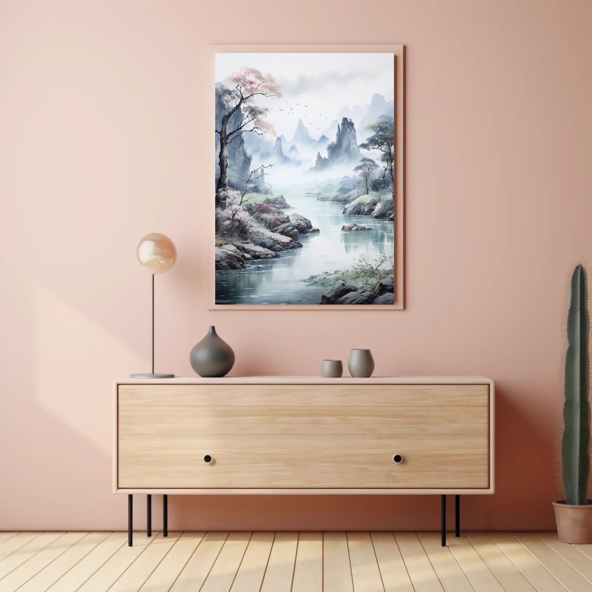 Serene Mountain Vista: Traditional East Asian Artistic Poster