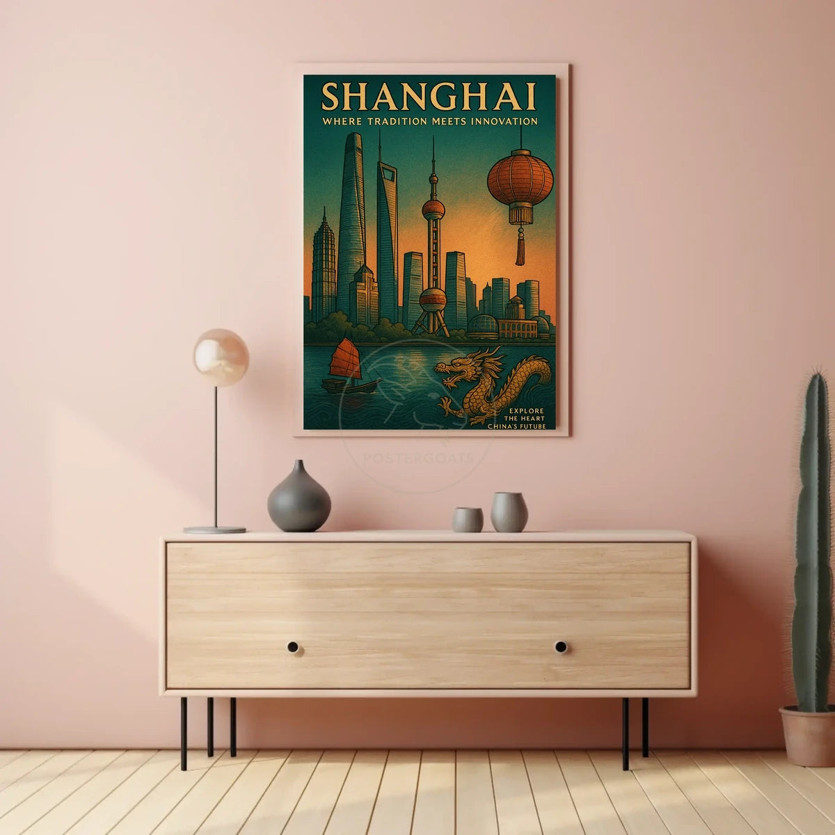 Shanghai Skyline Fusion: Vintage Urban or Cityscape Poster