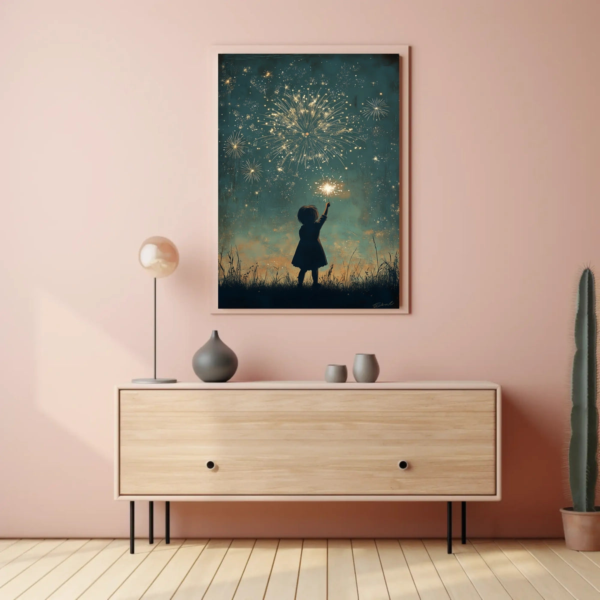 Child Holding Sparkler Night Sky Fireworks Art Poster
