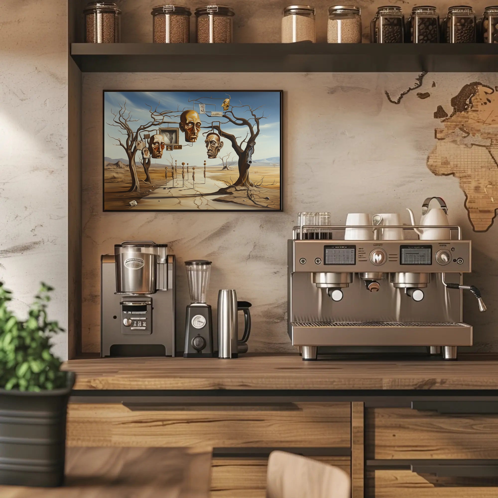 Surreal Desertscape with Floating Bronze Heads Artistic Poster