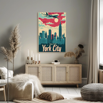 New York City Airplane Skyline Red Sky Travel Poster