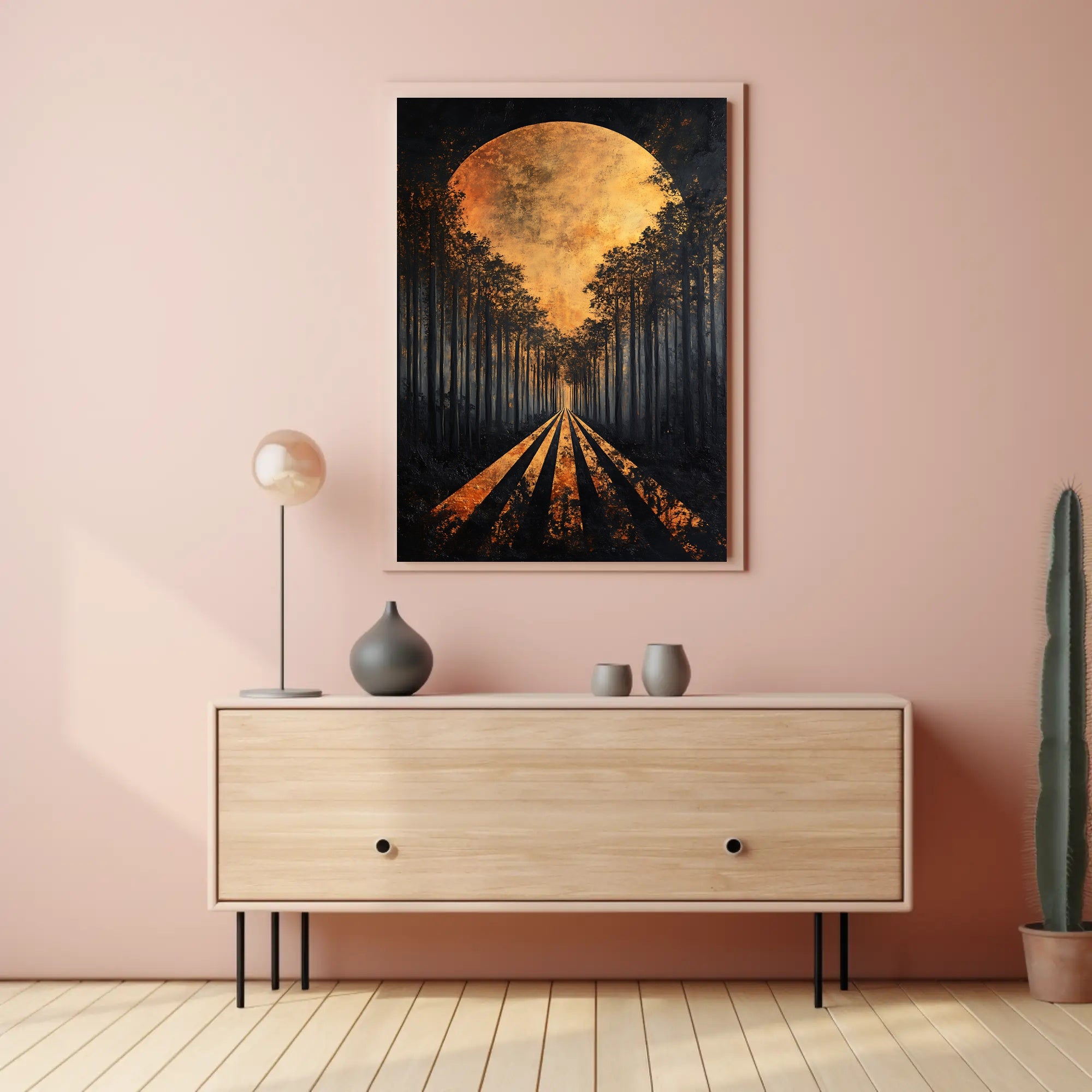 Surreal Forest Road with Celestial Body Artistic Poster