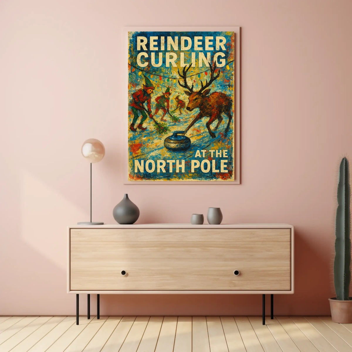 Reindeer Curling at the North Pole Poster