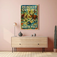 Reindeer Curling at the North Pole Poster