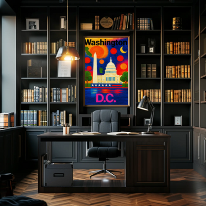 Washington DC Capitol Monument Colorful Night Travel Poster