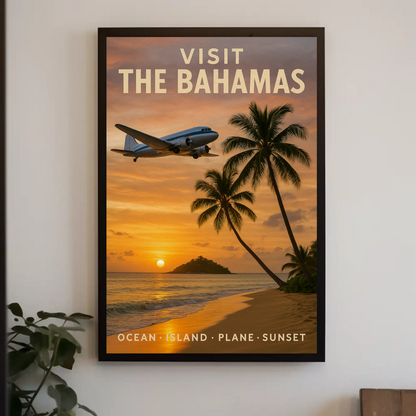 Visit The Bahamas Ocean Island Plane Sunset Travel Poster