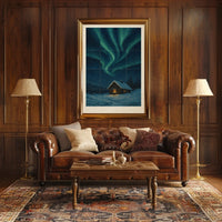 Northern Lights Over Snowy Cabin Poster