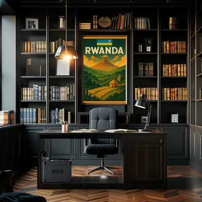 Rwanda Flag and Fields Sunset Travel Poster
