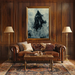 Mysterious Cloaked Figure Riding Horse Fantasy Mythology Poster PosterGoat