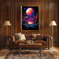 The poster features a vibrant and surreal sci-fi landscape. The core subject is Travel Poster