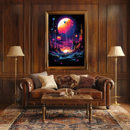 The poster features a vibrant and surreal sci-fi landscape. The core subject is Travel Poster