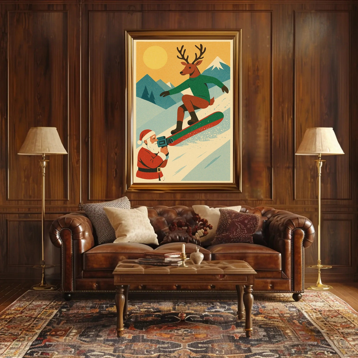 Reindeer Snowboarding Vintage Winter Adventure Poster