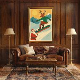 Reindeer Snowboarding Vintage Winter Adventure Poster