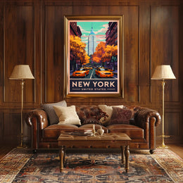 New York City Autumn Scene Poster Vintage Travel Wall Art