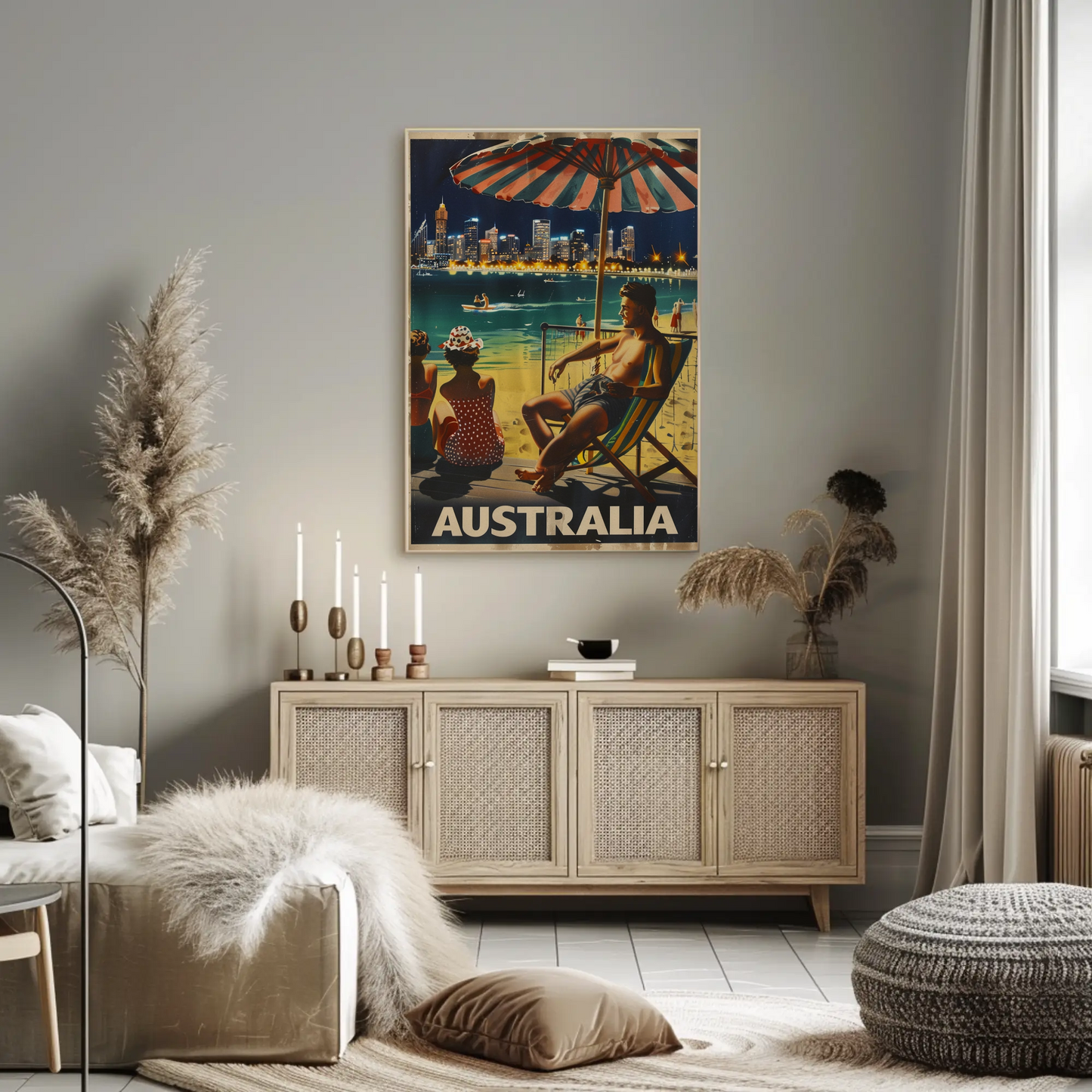 Australia Beach City Night Relaxing Scene Vintage Travel Poster