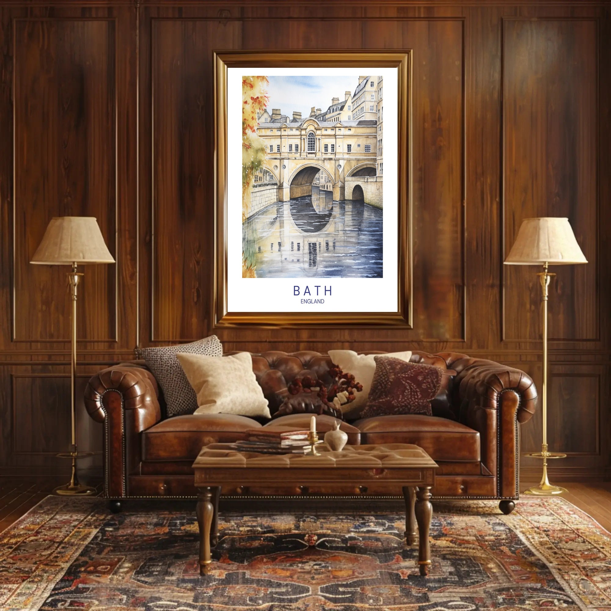Iconic Pulteney Bridge in Bath Watercolor Urban Cityscape Poster PosterGoat