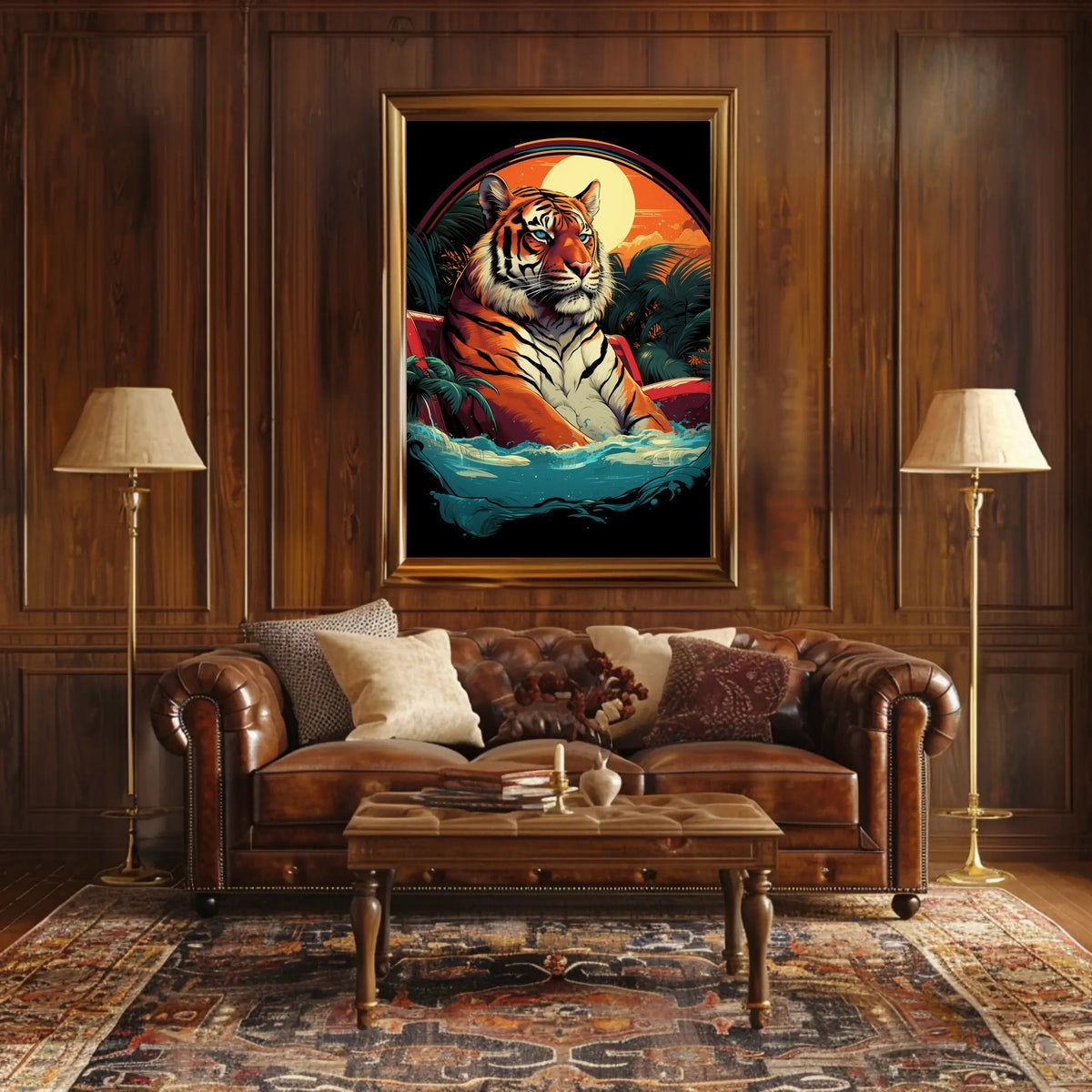 Tiger Majestically Lounging Amid Vivid Tropical Plants Animal Poster