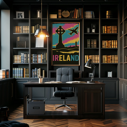 Ireland Celtic Cross Air Travel Retro Poster