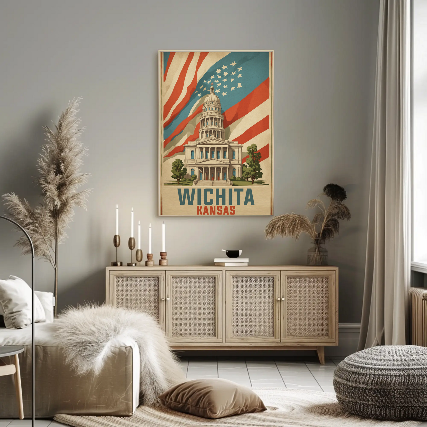 Wichita Kansas State Capitol And Flag Vintage Travel Poster