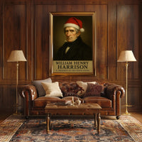 The poster depicts a stylized portrait of William Henry Harrison, the 9th President Travel Poster