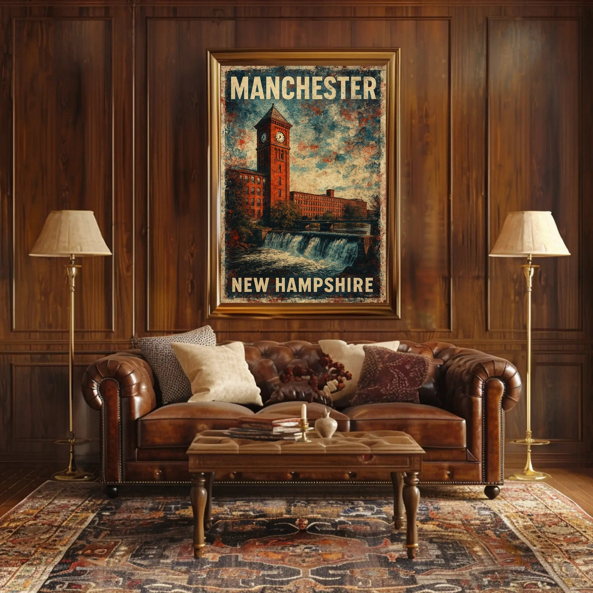 Manchester NH Scenic Vintage Travel Map Poster