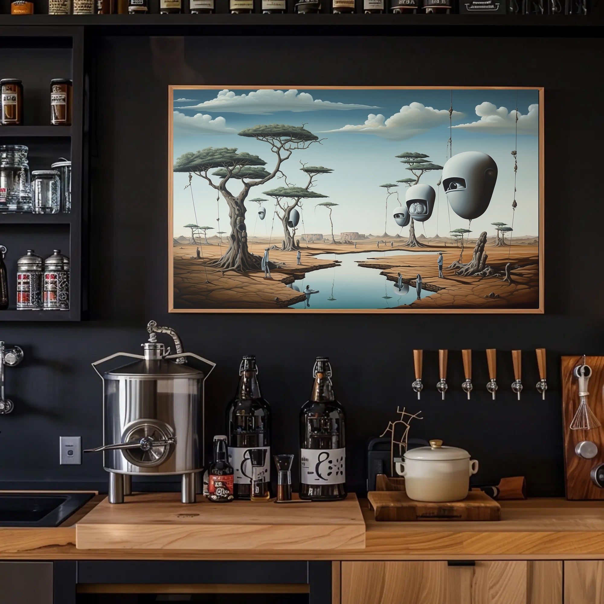 Surreal Landscape with Humanoids: Futuristic Sci-Fi Poster