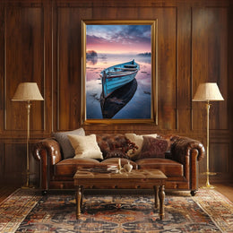 Solitary Wooden Boat on Serene Lake - Artistic Poster