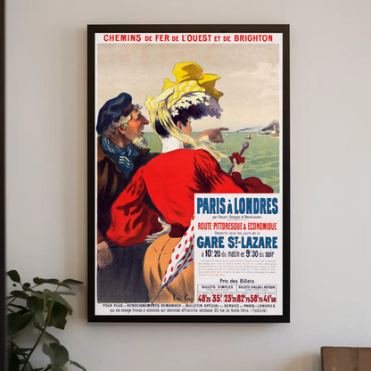 Paris To London Seaside View Couple Vintage Travel Poster