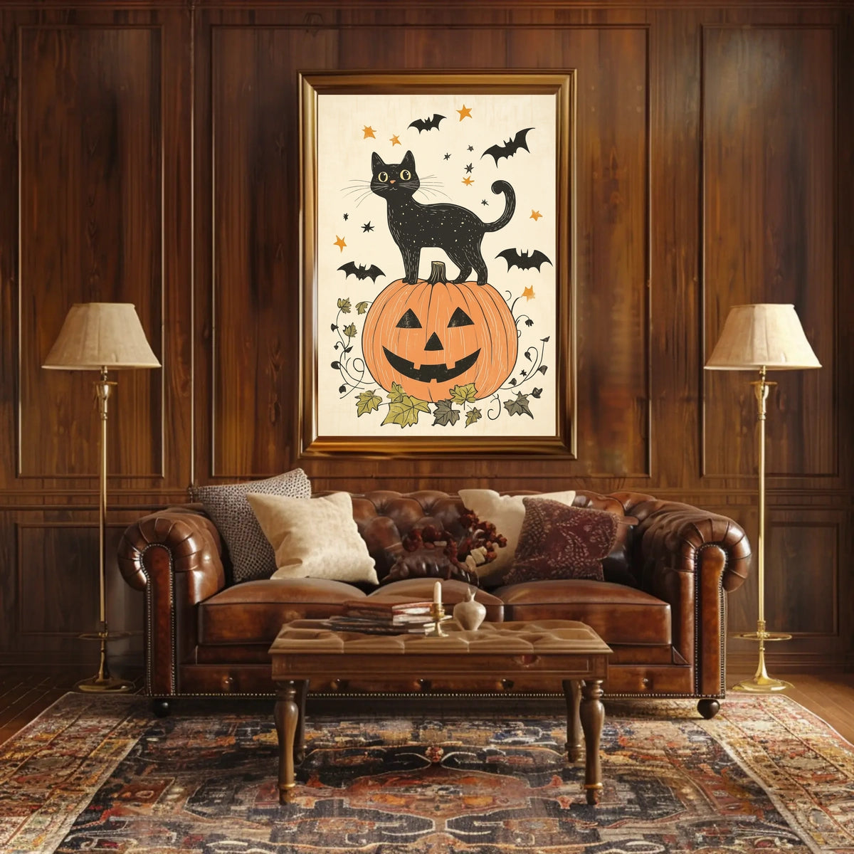 Halloween-Themed Black Cat Carved Pumpkin Bats Stars Poster