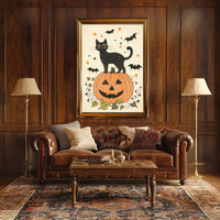 Halloween-Themed Black Cat Carved Pumpkin Bats Stars Poster