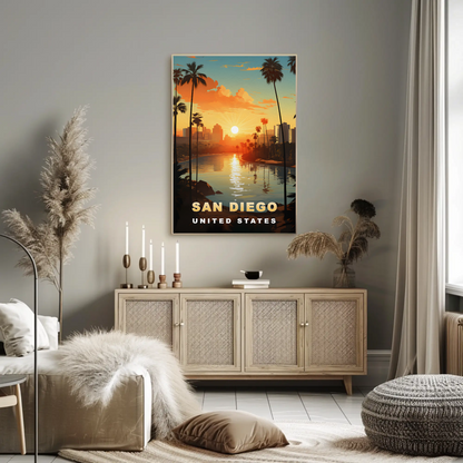 San Diego California Coastline Sunset Palms Vintage Travel Poster