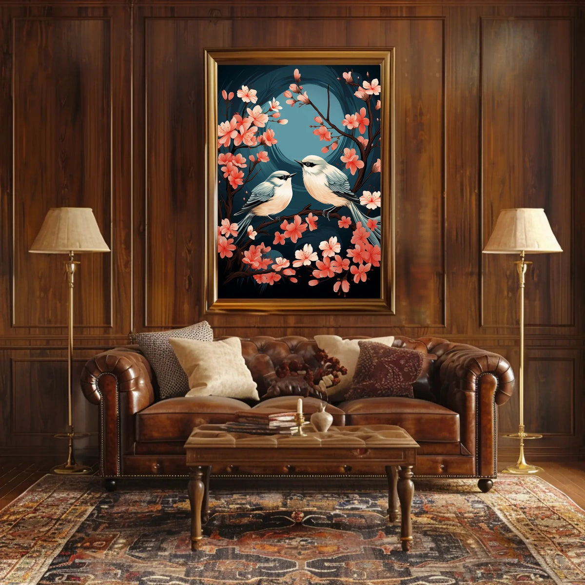 Serene Cherry Blossom Birds Art Poster Decor
