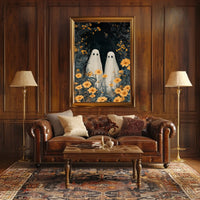 Ghostly Figures Surreal Whimsical Flowers Poster