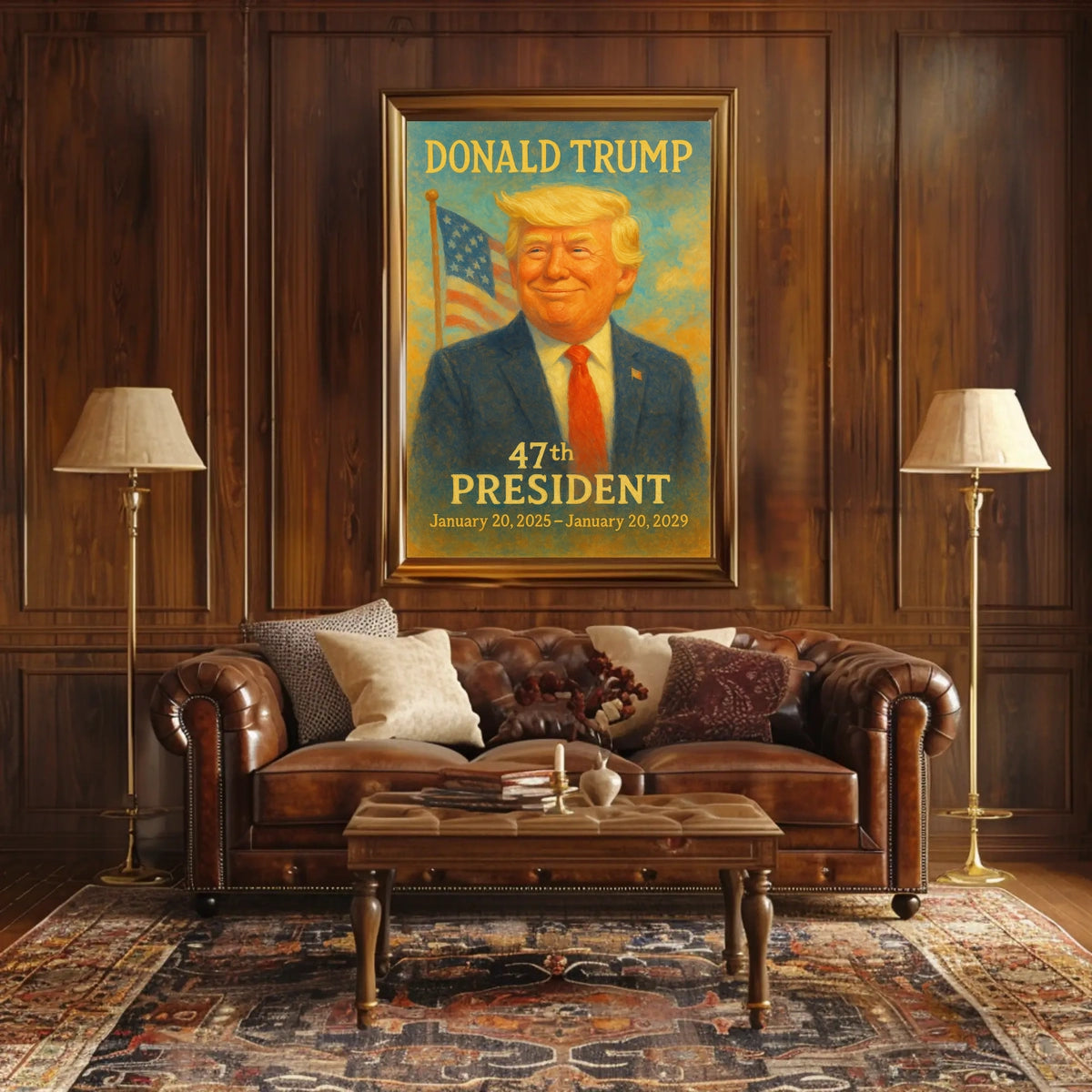 Donald Trump Dynamic Patriot Leadership Portrait Pop Art Realism Vibrant Flag Backdrop Collector Poster