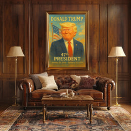 Donald Trump Dynamic Patriot Leadership Portrait Pop Art Realism Vibrant Flag Backdrop Collector Poster
