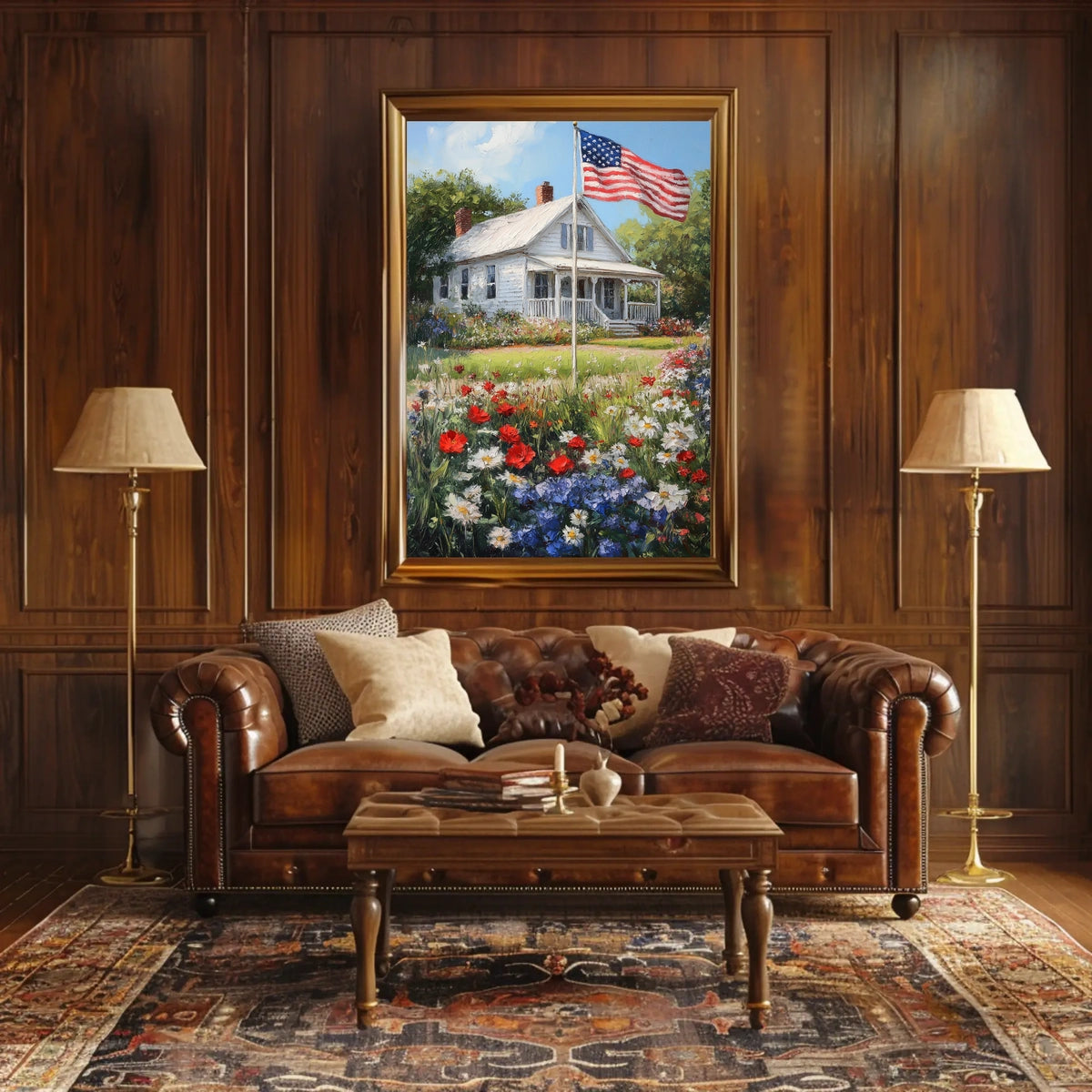 Classic White American Farmhouse With American Flag Poster