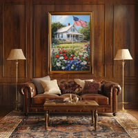 Classic White American Farmhouse With American Flag Poster