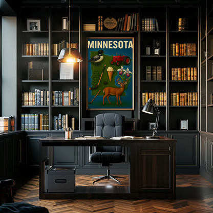 Minnesota Wildlife Symbols Icon Map Vintage Travel Poster