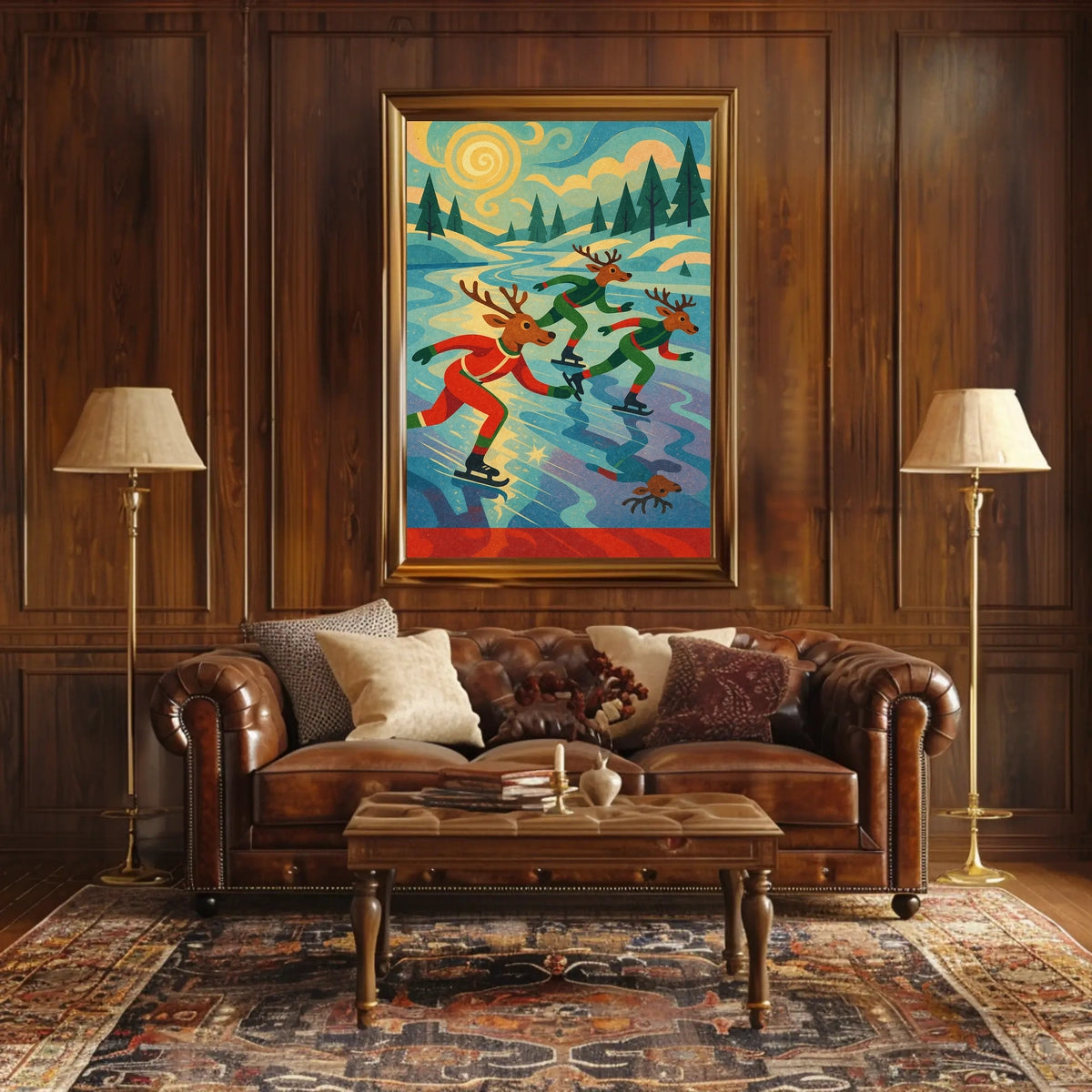 Whimsical Reindeer Skating Retro Art Poster