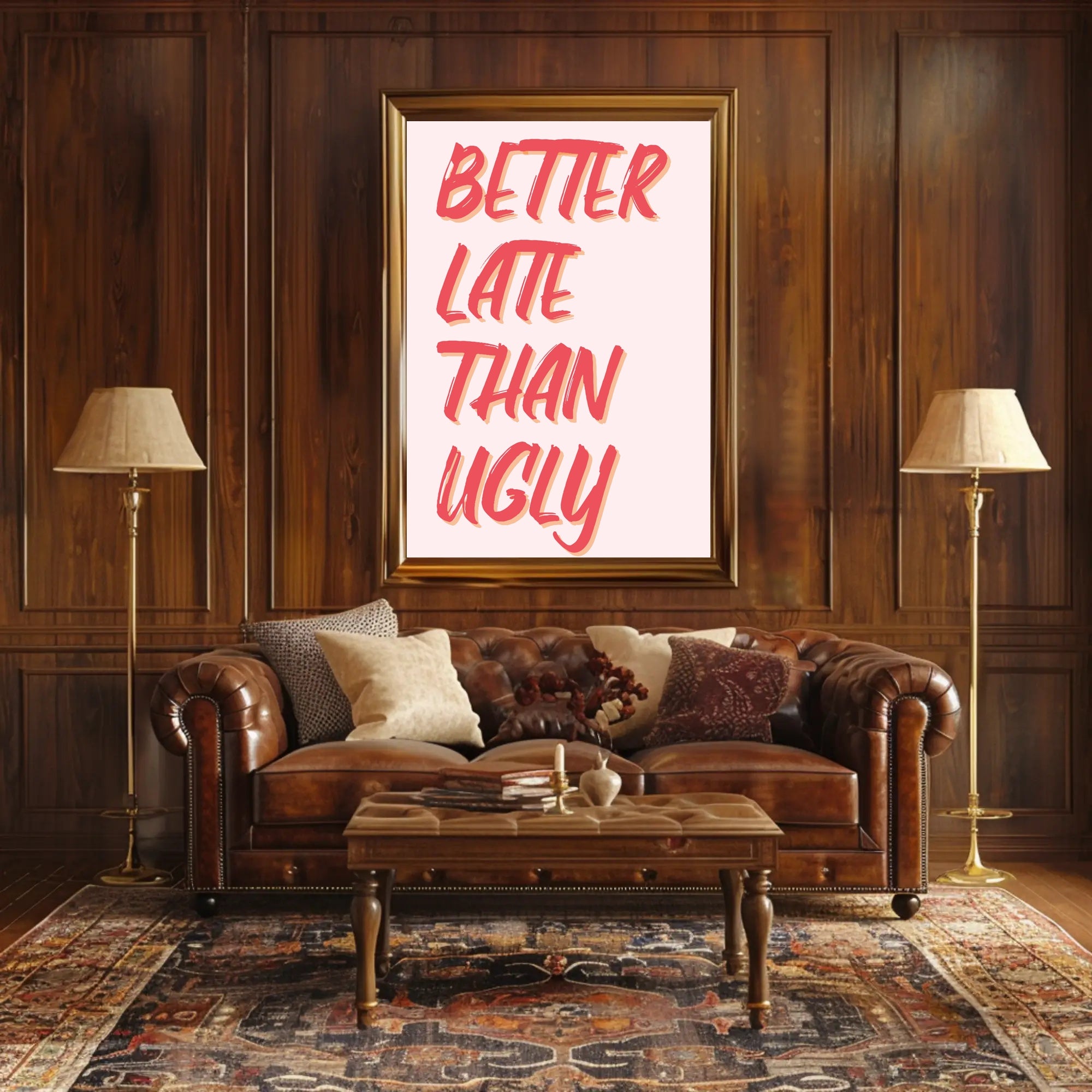 Better Late Than Ugly Motivational Quote Poster PosterGoat