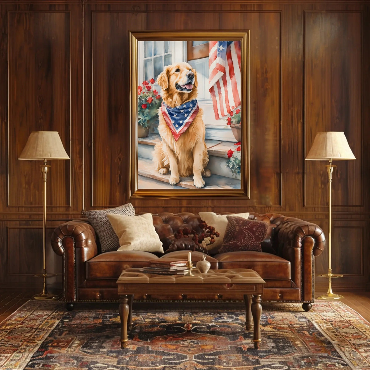 Golden Retriever On Front Porch Patriotic Bandana Poster