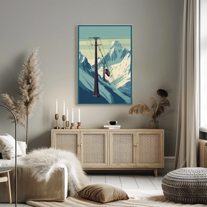 Ski Lift Across Winter Mountain Range Vintage Travel Poster