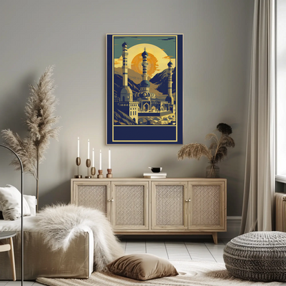 Majestic Mountain Mosque Sunburst Vintage Travel Poster