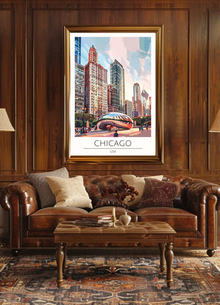 Chicago Skyline Travel Poster with Cloud Gate Landmark