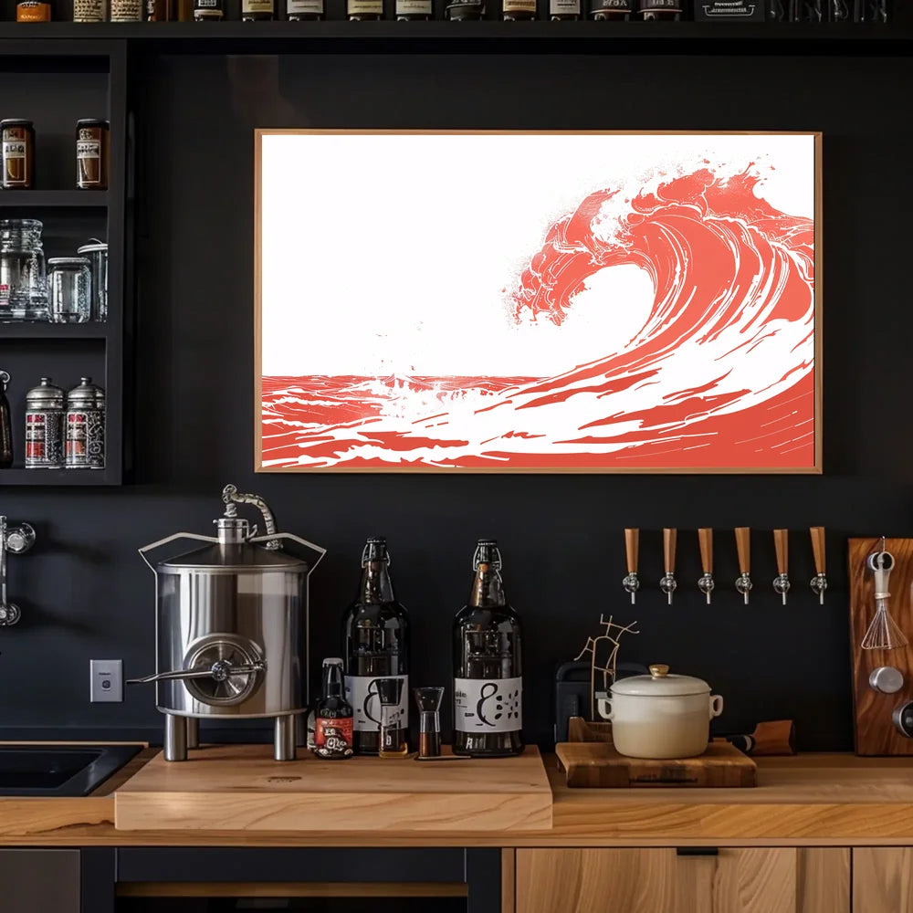 Bold Minimalist Wave Art Poster in Coral Red