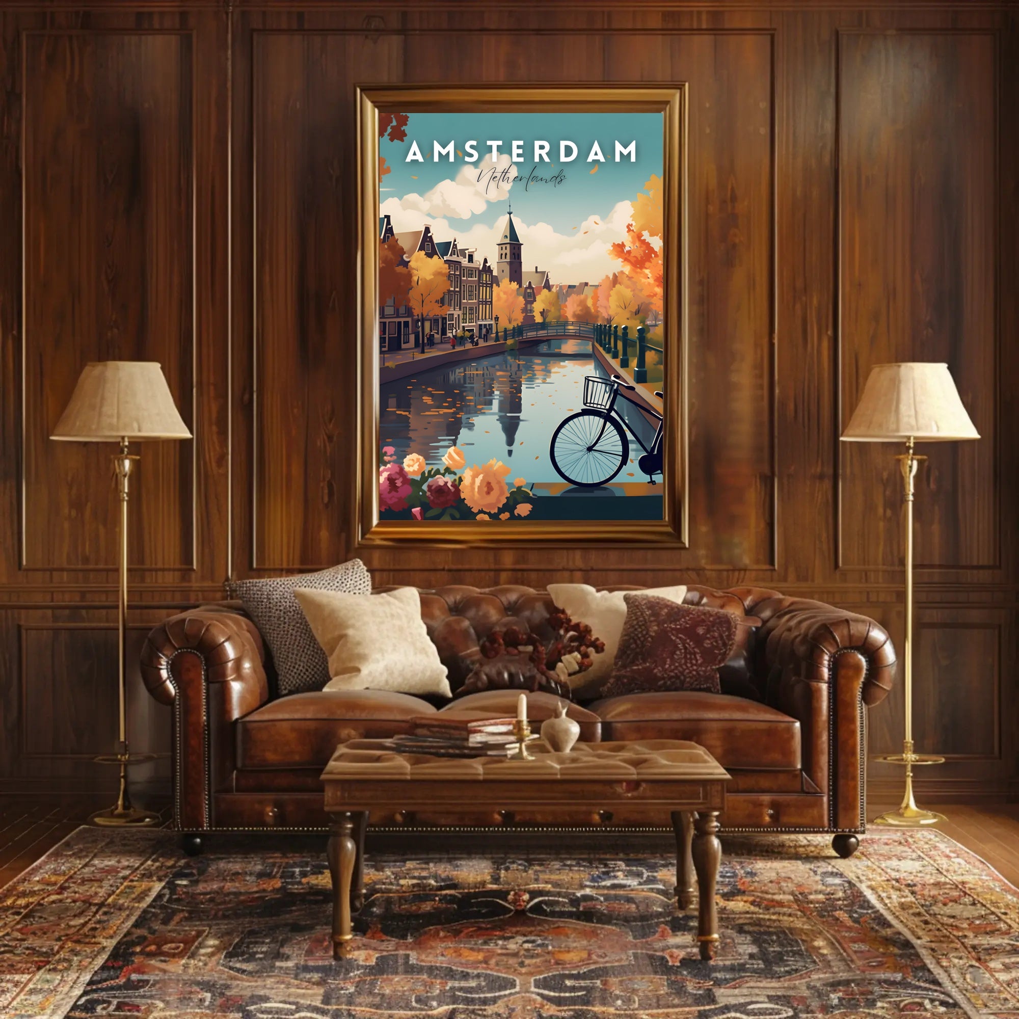 Scenic Autumn Amsterdam Canal Travel Poster