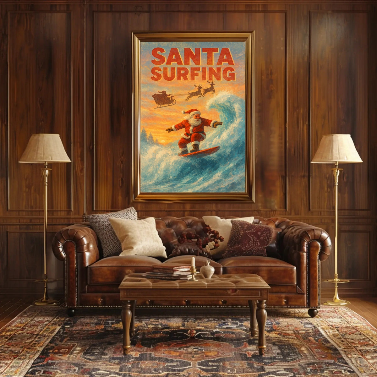 Santa Surfing Vintage Christmas Beach Poster