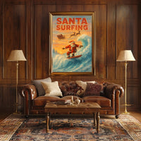Santa Surfing Vintage Christmas Beach Poster